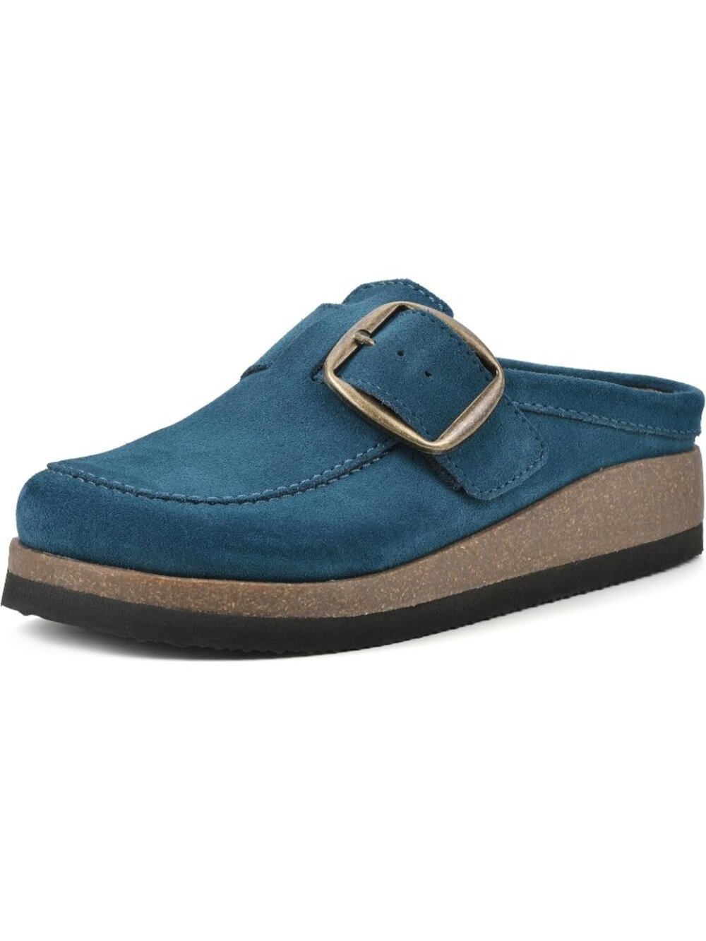 🆕Women's Blue Suede Leather Big Buckle Foot bed Clogs Flat Slip On Mules